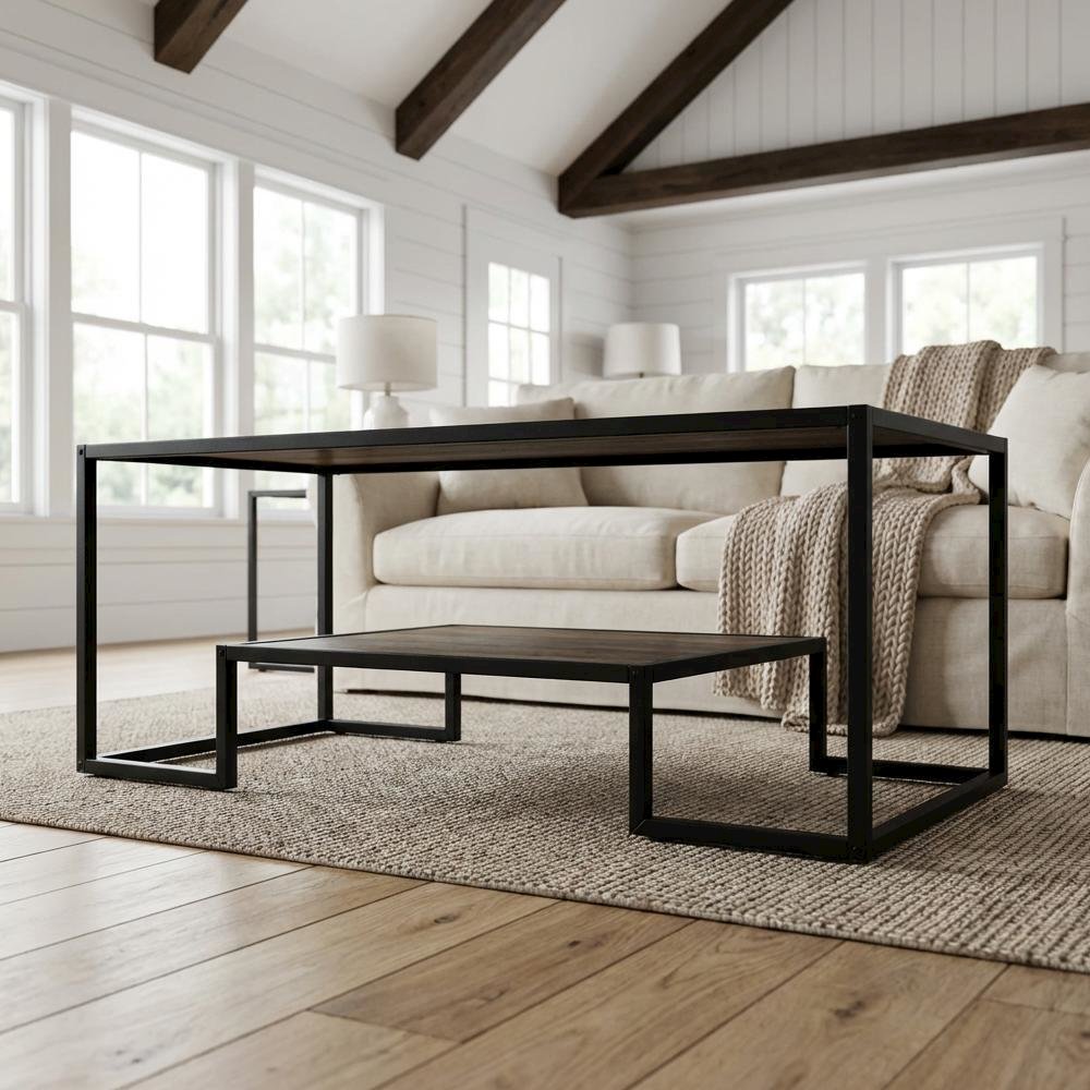Rustic Oak Multi-Color Coffee Table with Black Metal Base and Veneer Surface