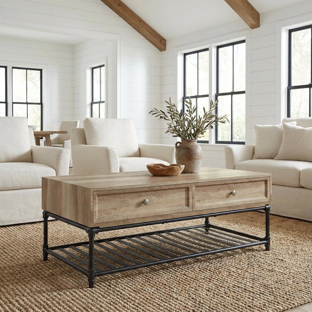 Oak and Sandy Black Finish Rectangular Coffee Table Industrial Metal MDF Veneer