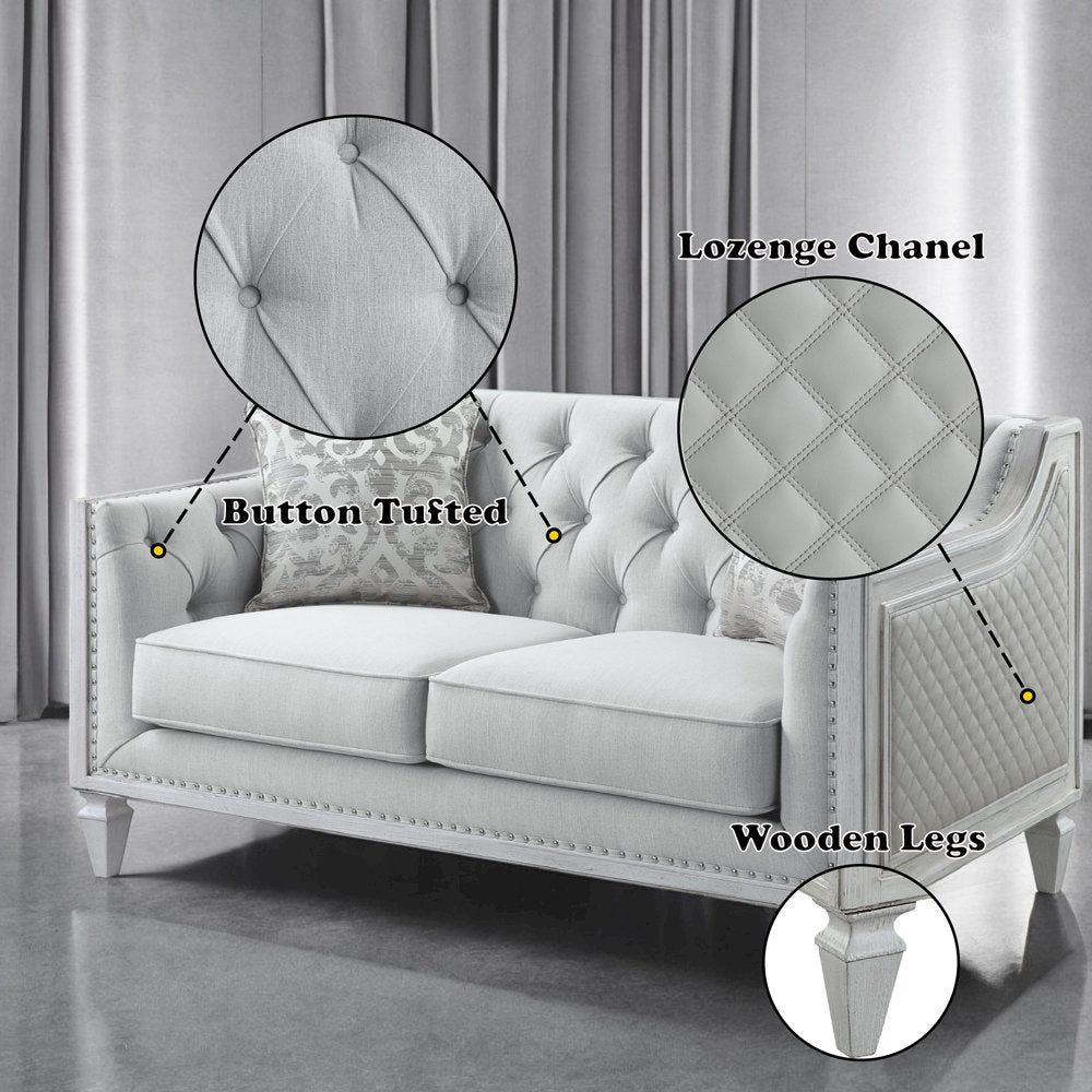 Katia Loveseat w/2 Pillows, Light Gray Linen & Weathered White