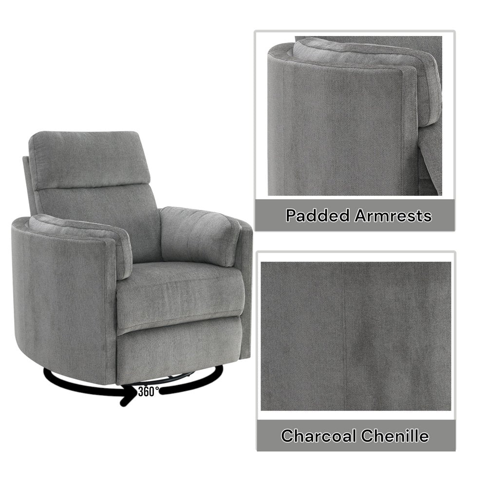 Sagen Glider Recliner w/Swivel, Charcoal Chenille