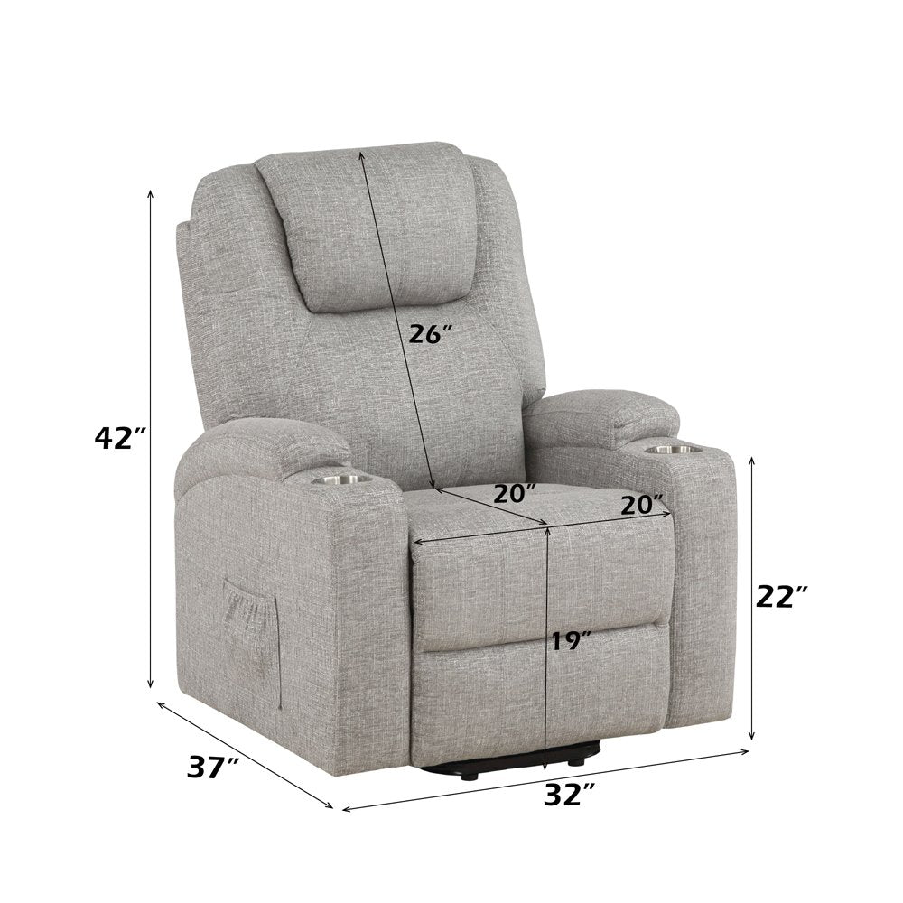 Evander Recliner w/Power Lift & Massage, Light Gray Chenille