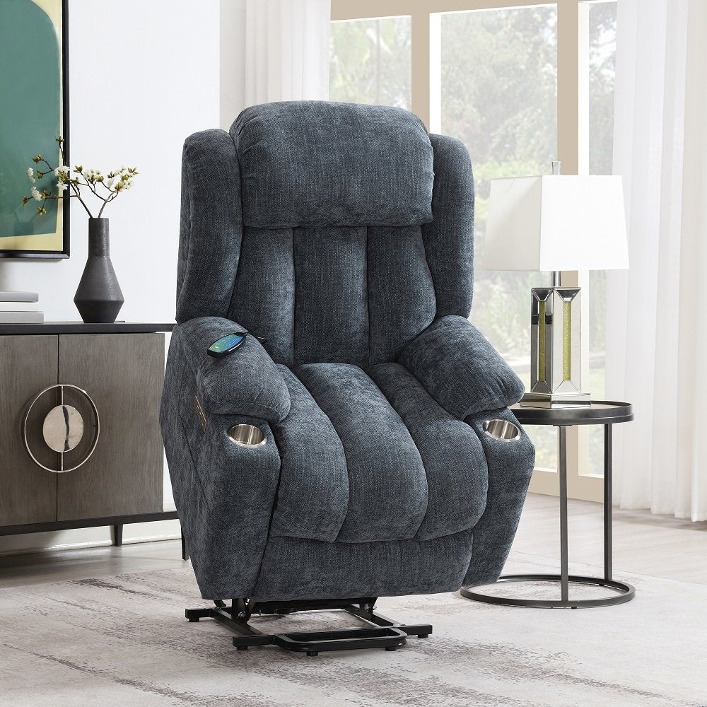 Omarion Power Recliner w/Lift, Heating & Massage, Blue Chenille