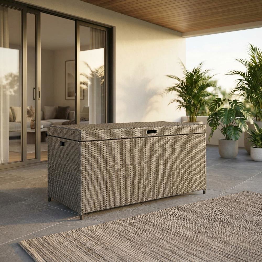 Weathered Gray Wicker Storage Bin for Outdoor Use with Anti-Tip Hardware
