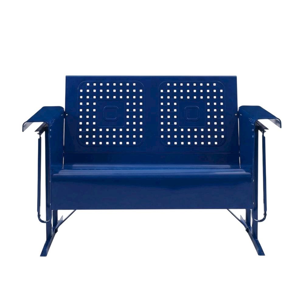 Navy Metal Patio Glider Bench – Outdoor Seating for Two with Retro Charm