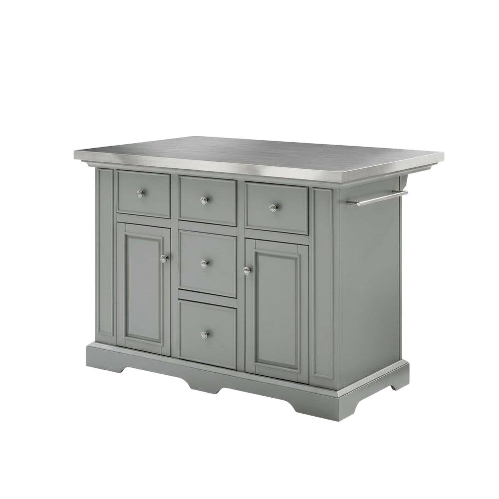 Gray kitchen island with stainless steel accents and anti-tip safety