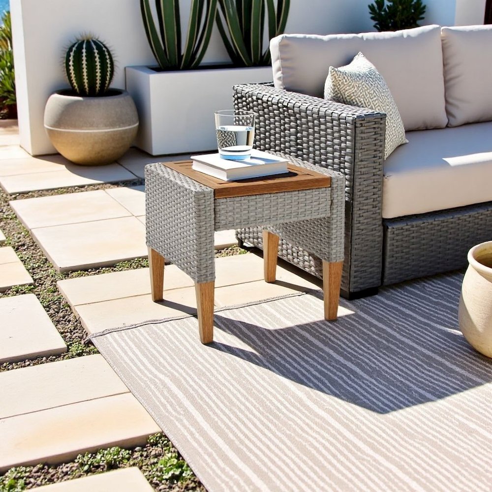 Gray Outdoor Wicker Side Table with Steel Frame for Patio Use