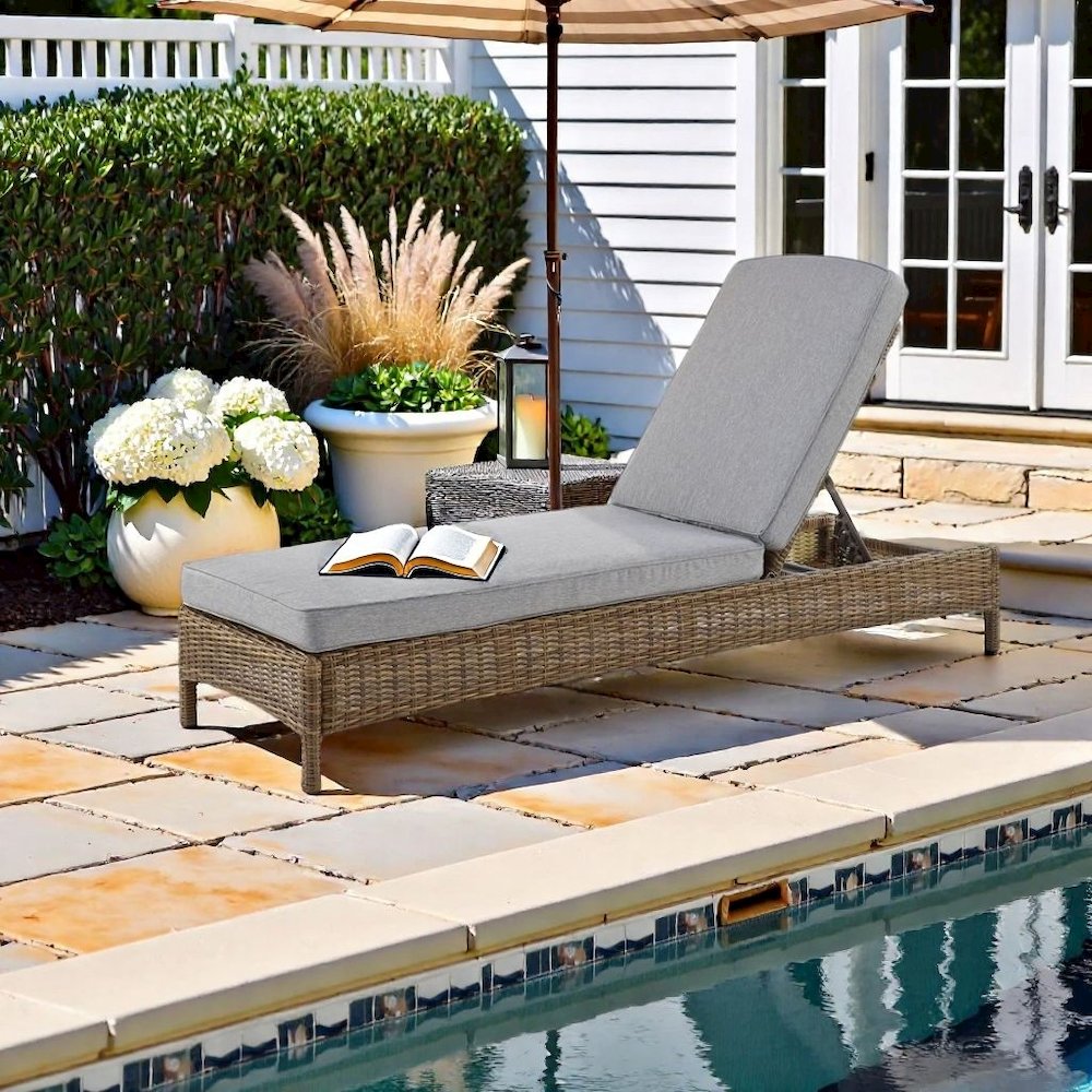 Brown Wicker Outdoor Lounge Chair with Gray Cushion and Adjustable Backrest