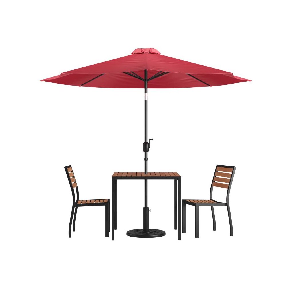 5 Piece All-Weather Deck or Patio Set with 2 Stacking Faux Teak Chairs, 35" Square Faux Teak Table, Red Umbrella & Base