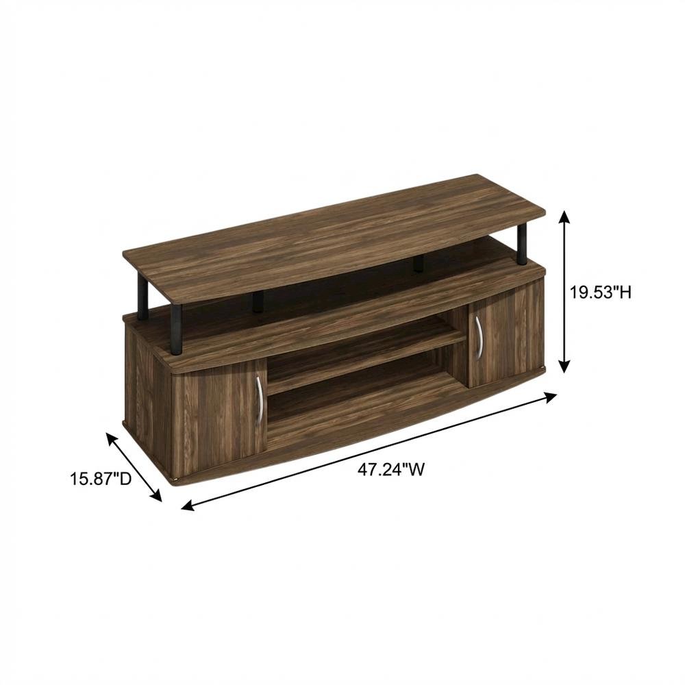 Large entertainment center in brown walnut and black finish with ample storage