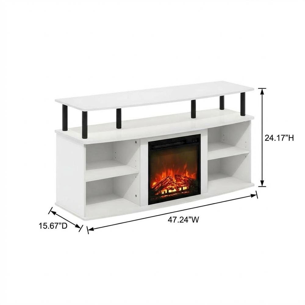 Open shelving, fireplace entertainment center, 55-inch TVs, rubberwood