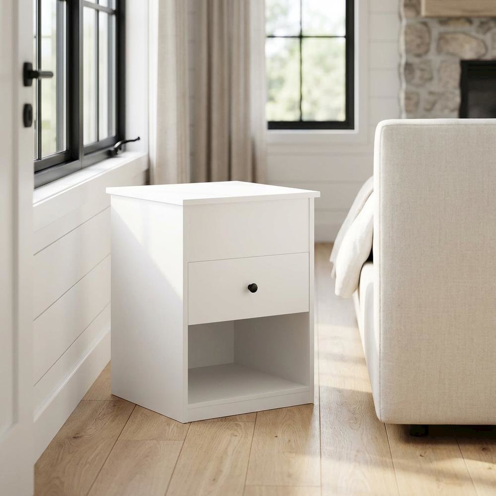 Solid White Lift Top Nightstand with Engineered Wood Finish for Bedroom Storage