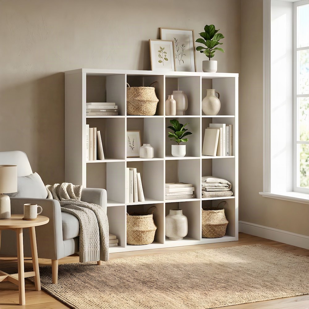 Engineered Wood 16-Cube Open-Back Storage Cabinet, White