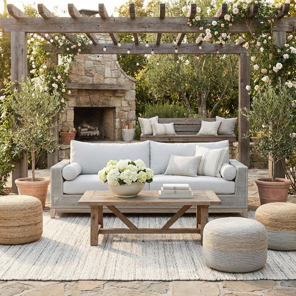 White Outdoor Sofa 90 Inches, Teak Base, Rope Weave, Removable Cushions