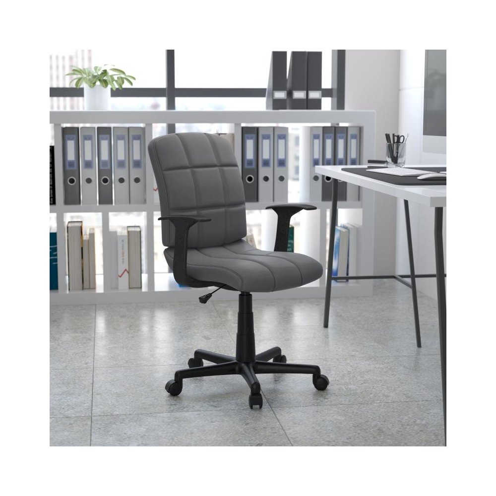 Mid-Back Gray Quilted Vinyl Swivel Task Office Chair with Arms
