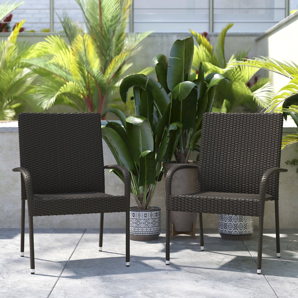 Maxim Set of 2 Stackable Indoor/Outdoor Wicker Dining Chairs with Arms - Fade & Weather-Resistant Steel Frames - Espresso