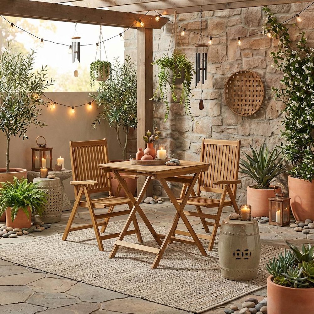 3-Pc Oil-Finish Wood Patio Dining Set with Folding Table and 2 Camping Chairs