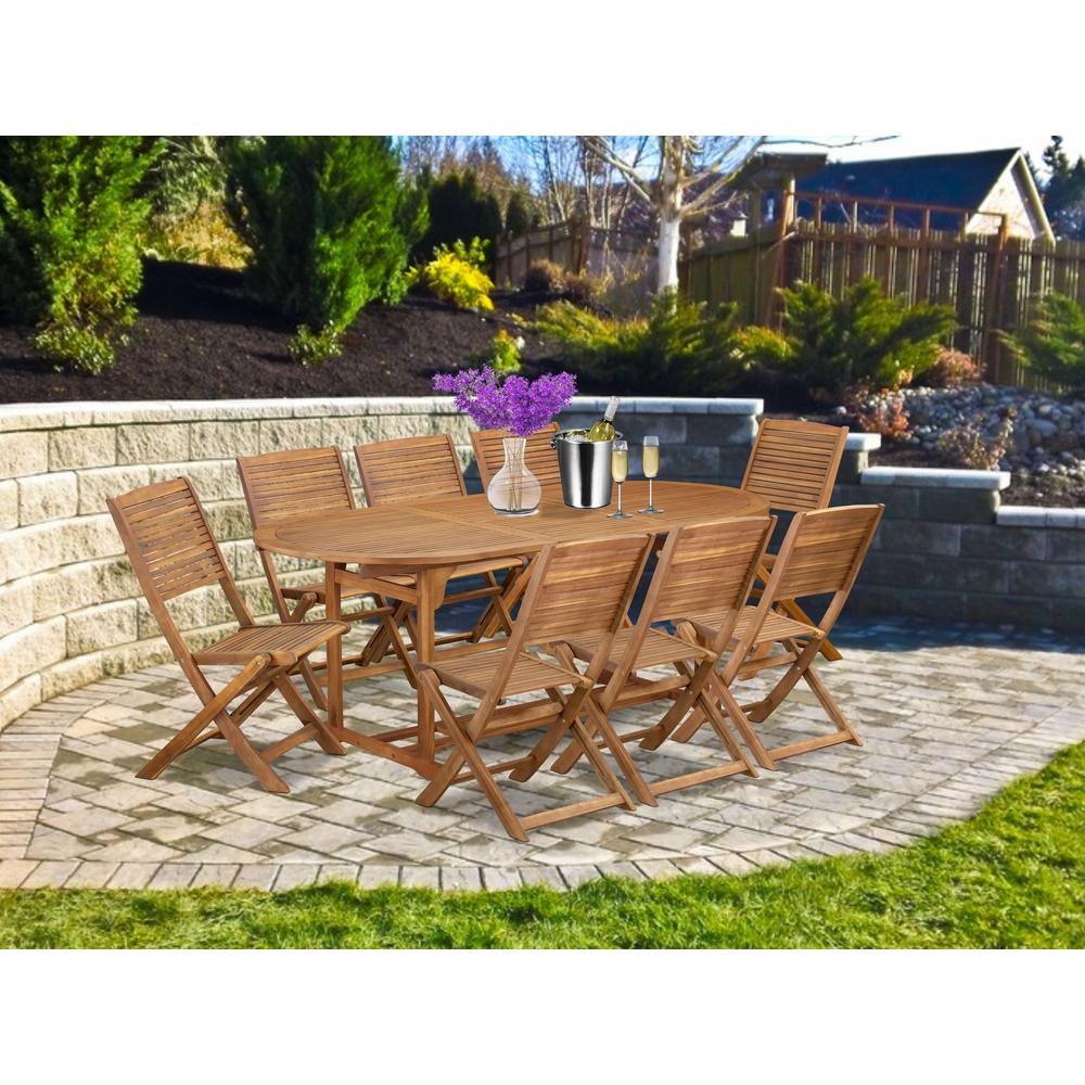 9 Piece Patio Garden Table Set Consist of an Oval Acacia Wood Table