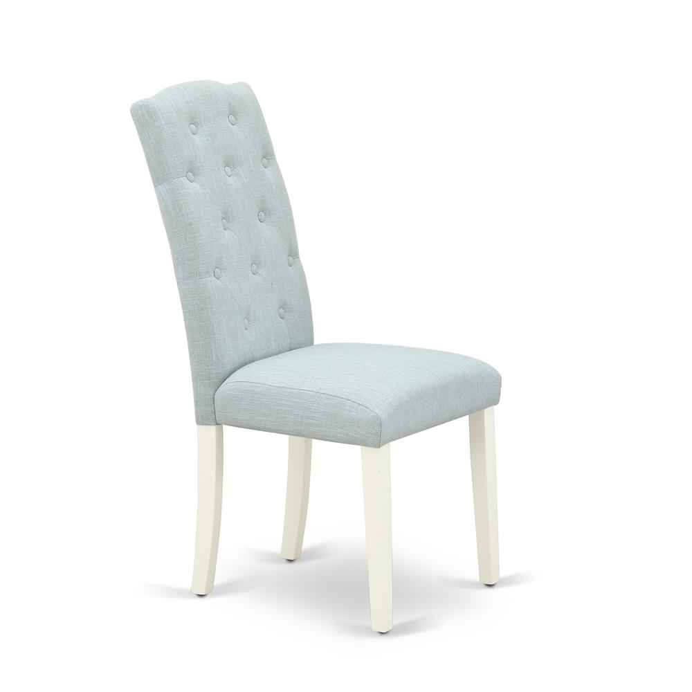 1MZCE5-LWH-15 5Pc Dinette Sets for Small Spaces Includes a Small Kitchen Table and 4 Parson Chairs with Baby Blue Color Linen Fabric, Drop Leaf Table with Full Back Chairs, Linen White Finish