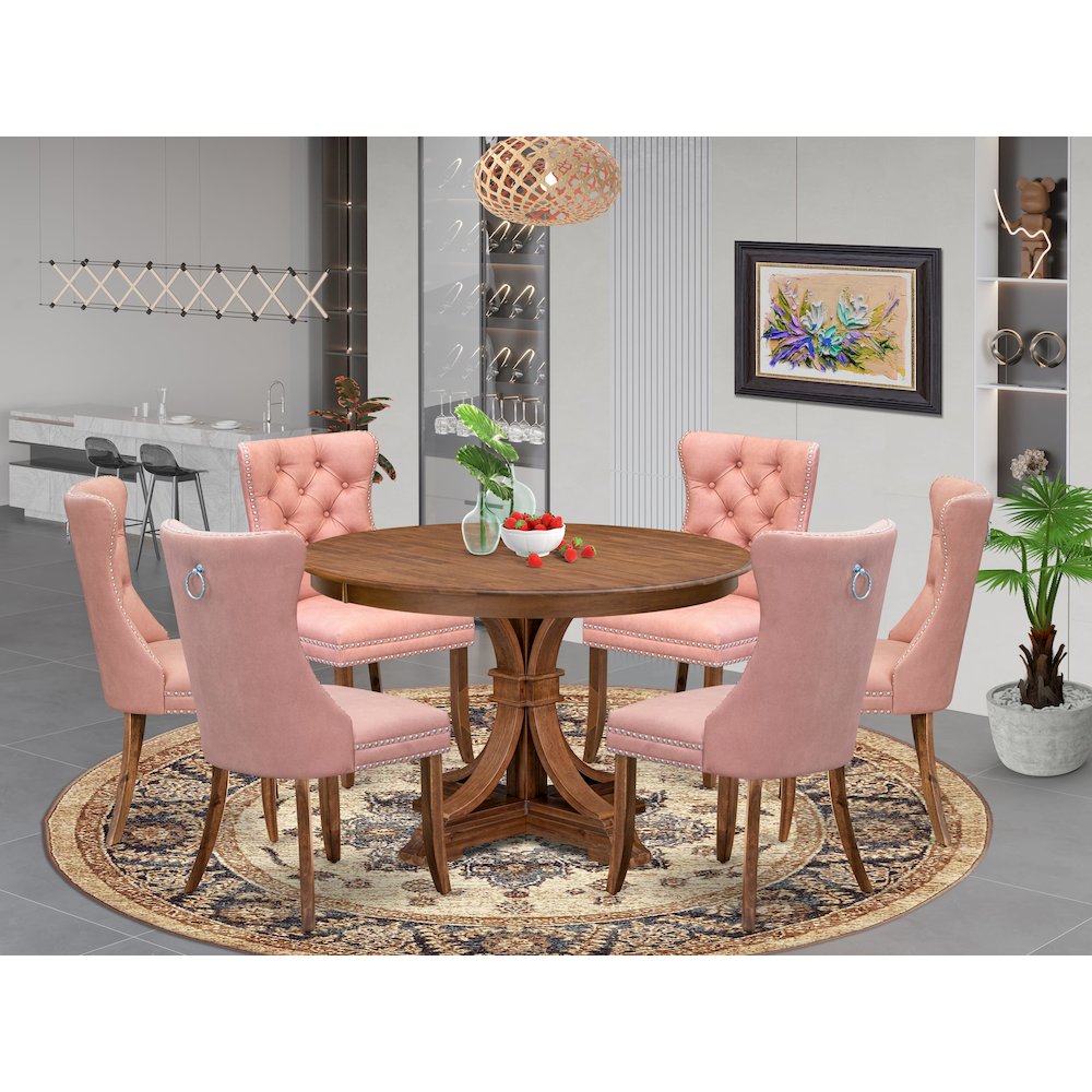 7-Pc Dining Set Consist A Mid Century Table And 6 Beige Red Upholstered Chairs
