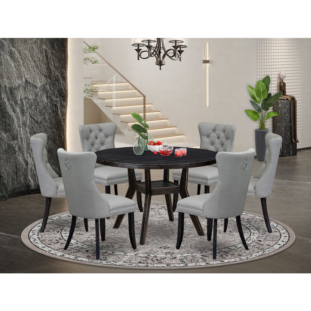 7 Piece Dining Table Set Contains 48" Round Table In Light Gray Color