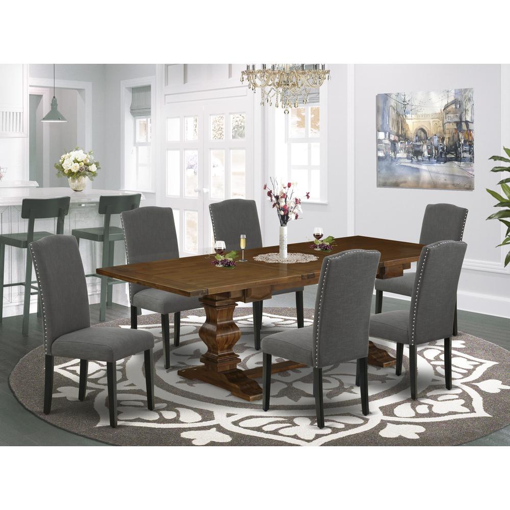 7-pc dining table set with Chair’s Legs and Dark Gotham Gray Linen Fabric