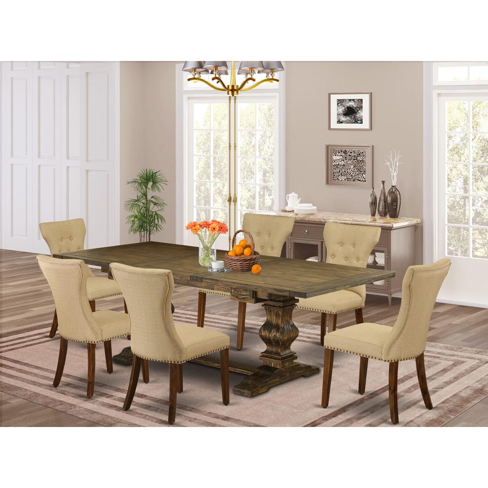 7-piece dining table set with Chair’s Legs and Brown Linen Fabric