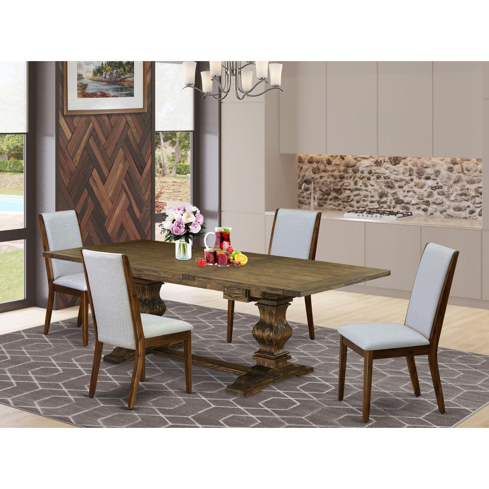 5-pc wood dining table set with Chair’s Legs and Modern Gray Linen Fabric