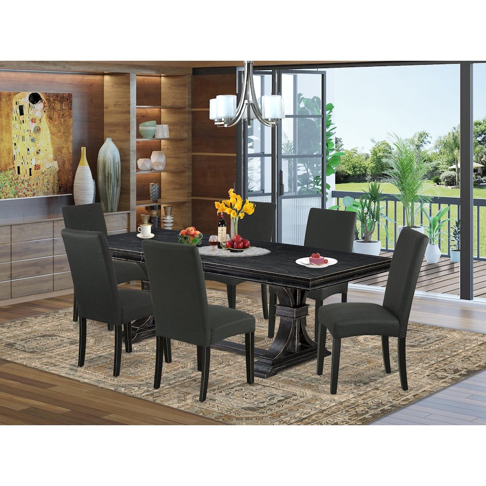 7 piece dining table set of a wooden table and 6 Linen Fabric dining chairs