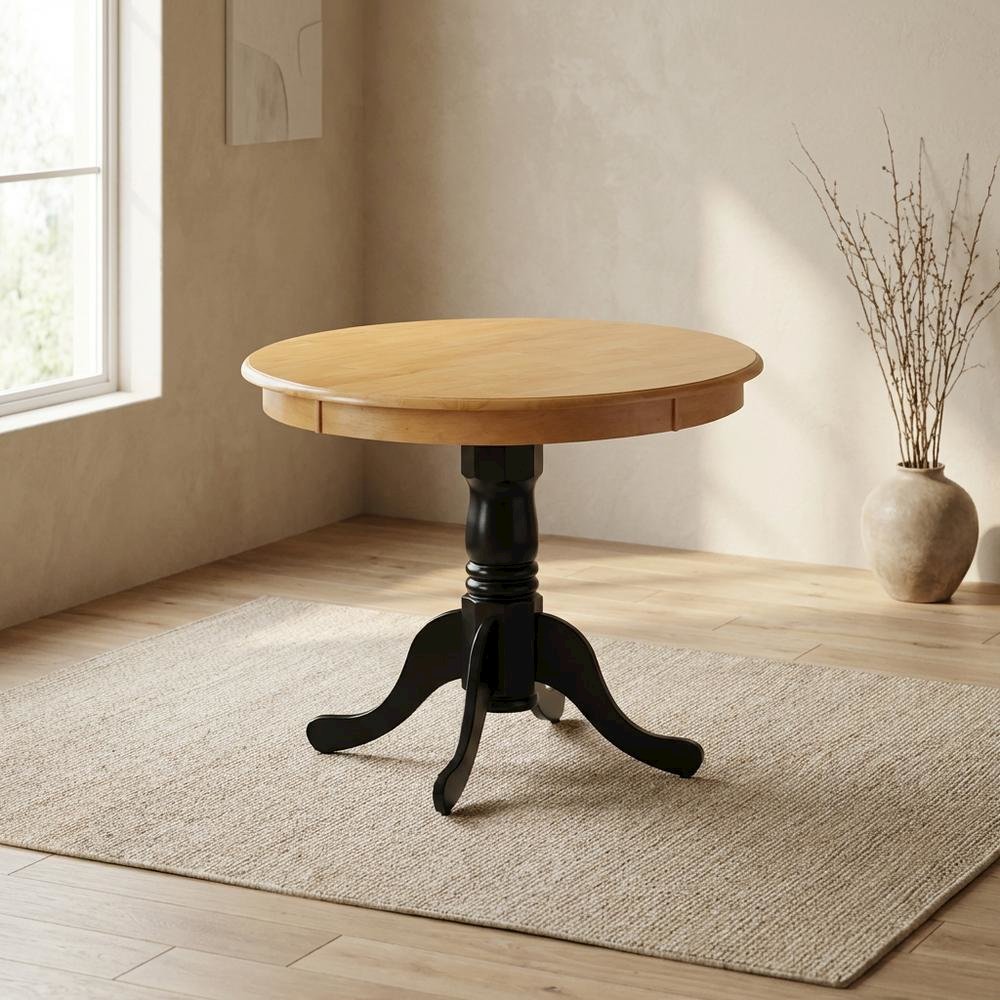 Oak Black Round Pedestal Dining Table, Traditional, Seats 4