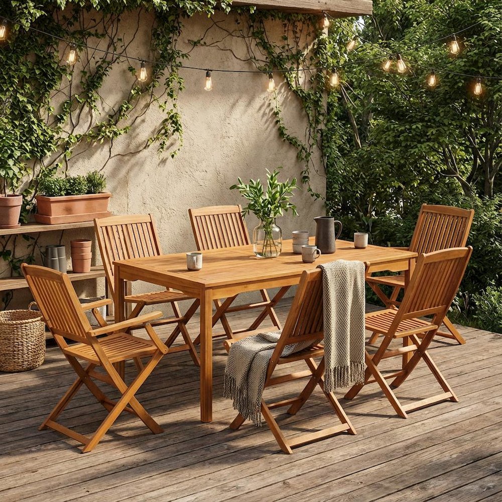 Wooden Patio Set with Oil Finish, Dining Table and 6 Outdoor Chairs
