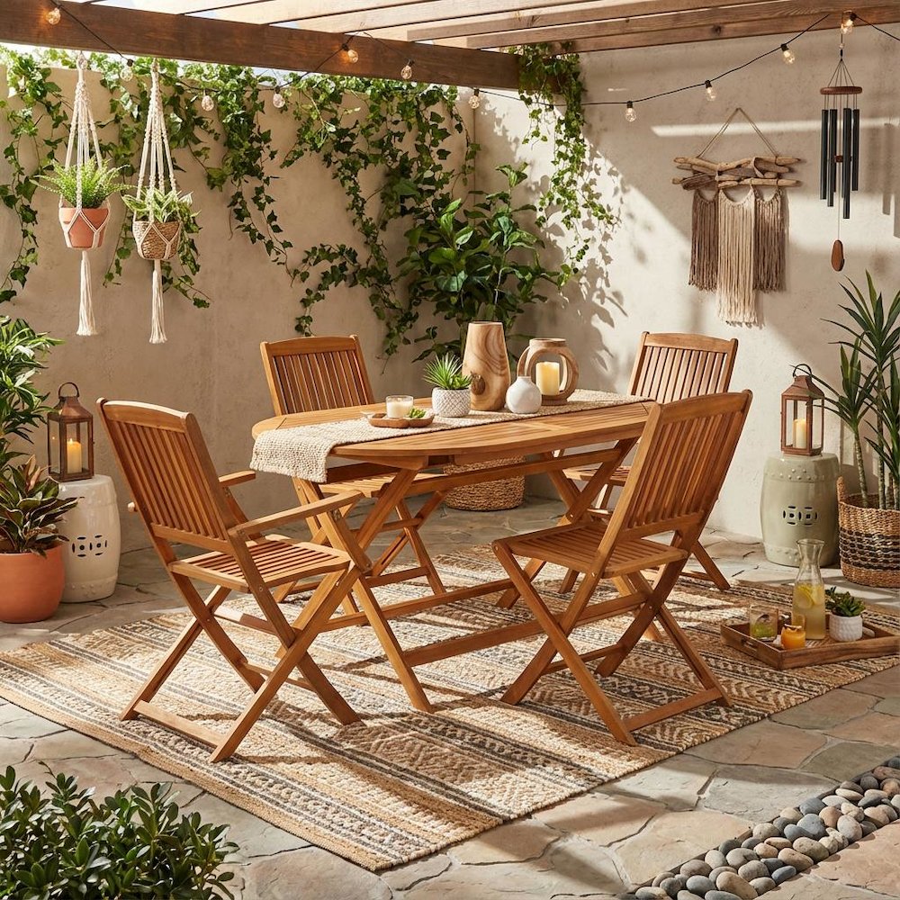 Wooden Patio Set - Dining Table and 4 Outdoor Chairs, Solid Wood Design