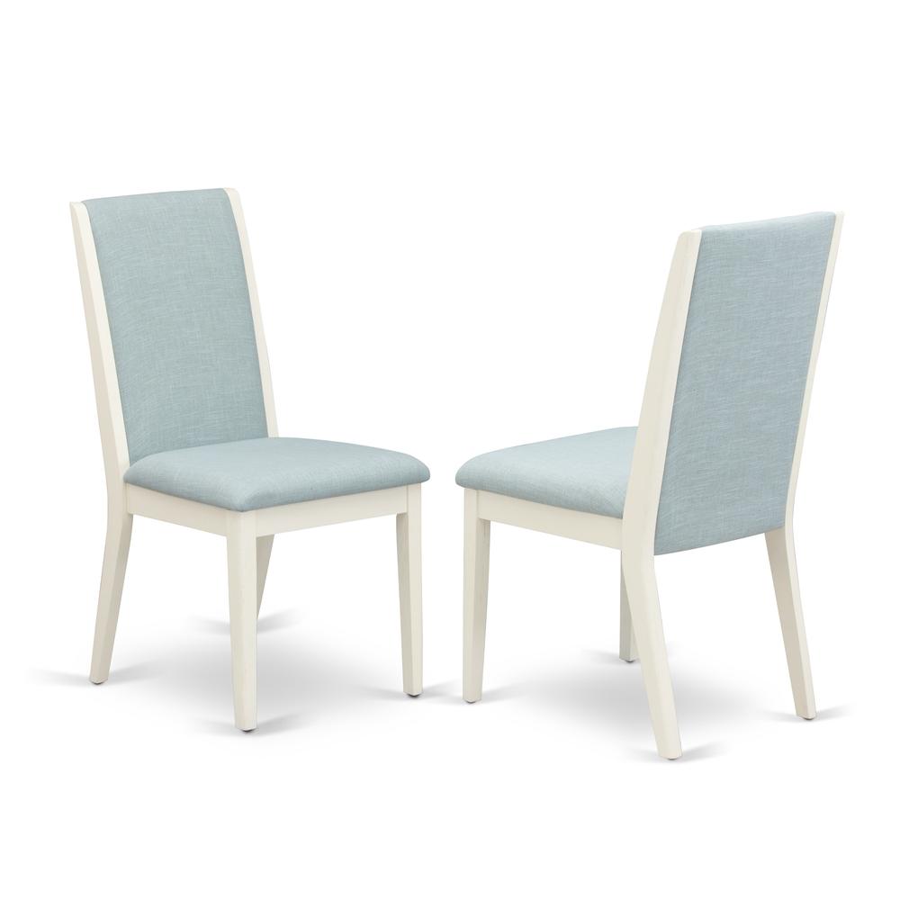 East West Furniture V027LA015-7 7Pc Dining Table Set Contains a Dining Room Table and 6 Parson Chairs with Baby Blue Color Linen Fabric, Medium Size Table with Full Back Chairs, Wirebrushed Linen Whit