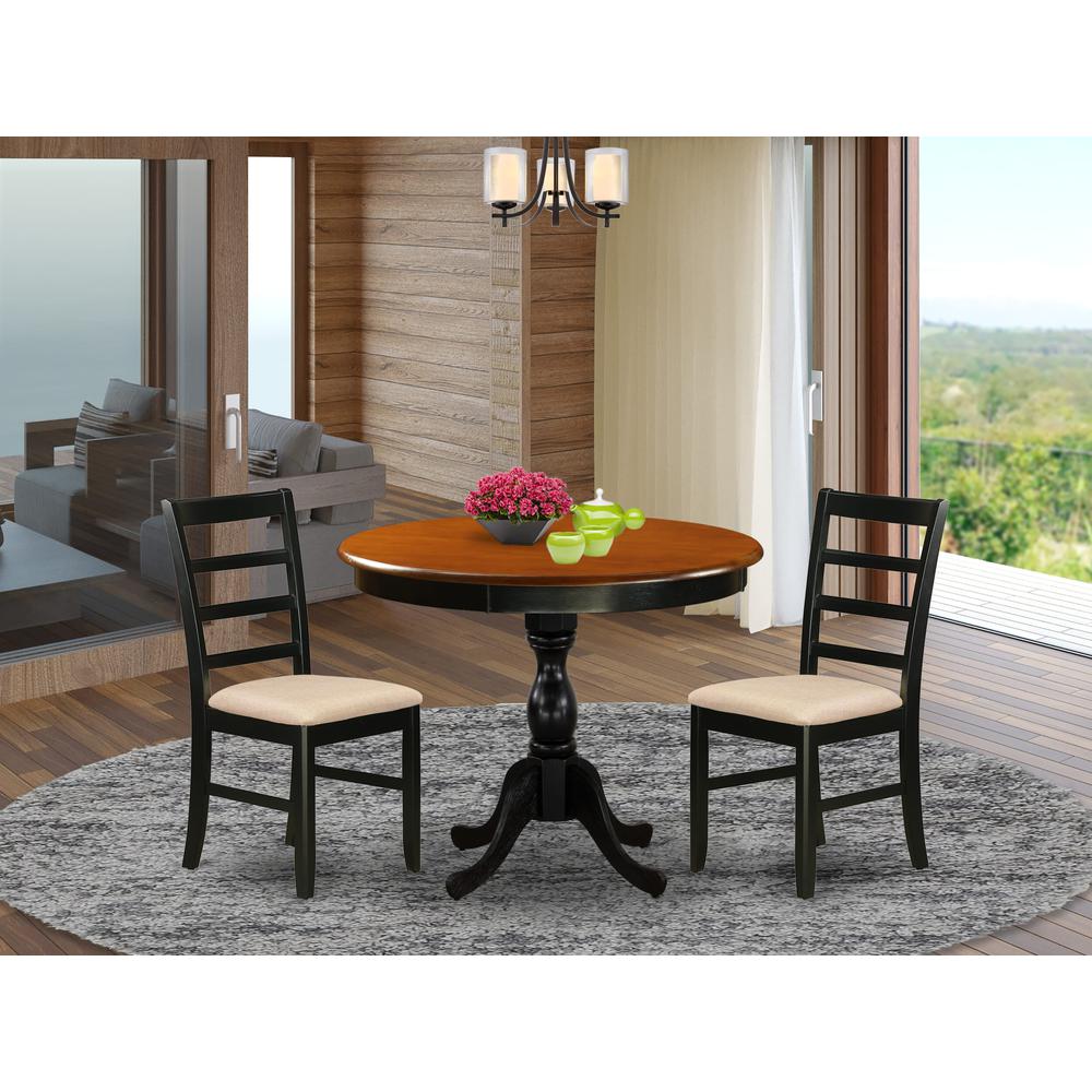 East West Furniture 3-Pc Modern Dining Table Set Includes a Round Kitchen Table and 2 Linen Fabric Dining Room Chairs with Ladder Back - Black Finish