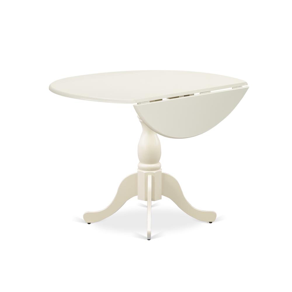 East West Furniture DMT-LWH-TP Round Wood Table Linen White Color Drops Leave Table Top Surface and Asian Wood Dining Table Pedestal Legs -Linen White Finish