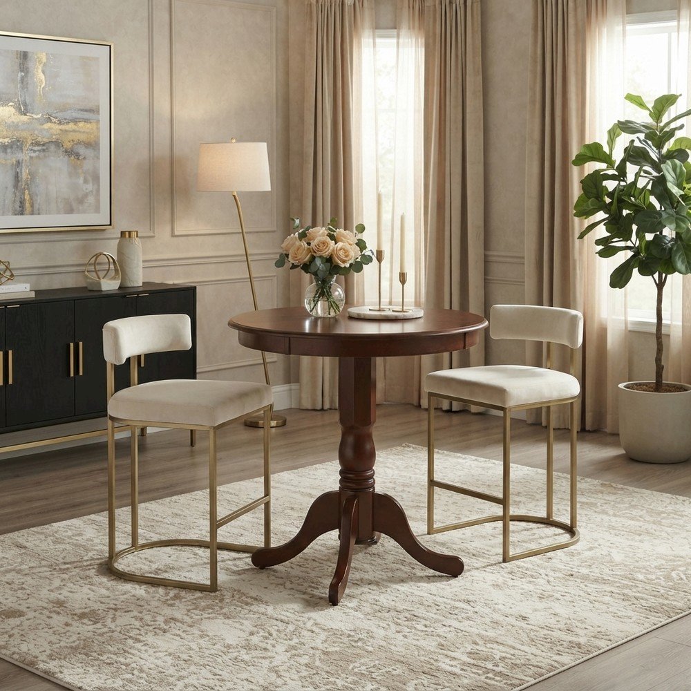 Round Wood Counter Height Pub Table with Pedestal Base, Bar Height, Mahogany