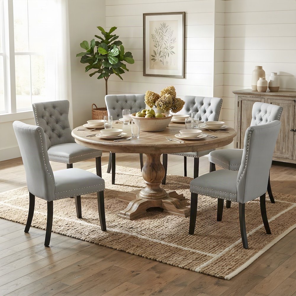 Solid Wood Round Dining Table with Upholstered Chairs 7 Piece Set, Light Gray