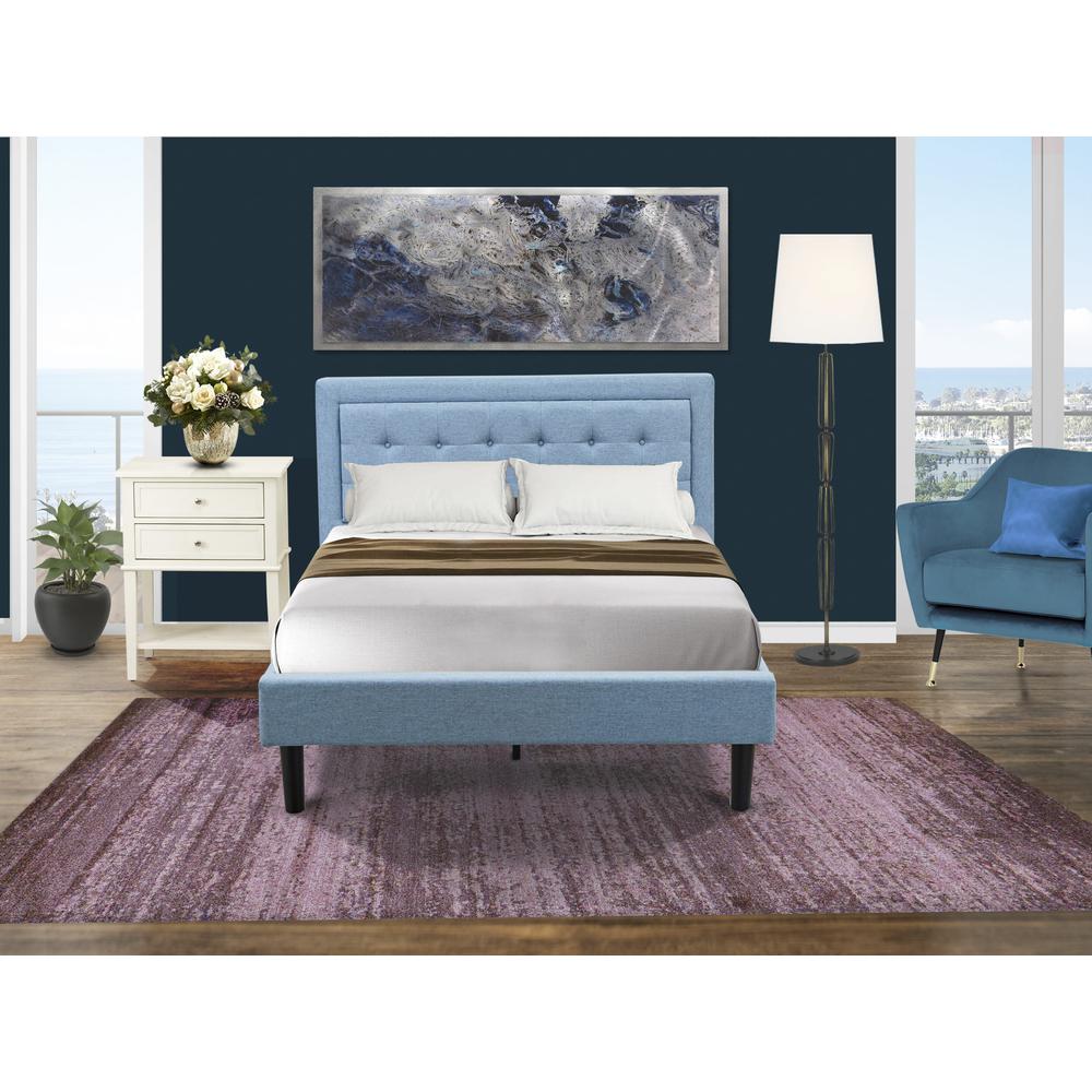 FN11F-1VL0C 2-Piece Platform Full Size Bedroom Set with 1 Mid Century Bed and a Bedroom Nightstand - Denim Blue Linen Fabric