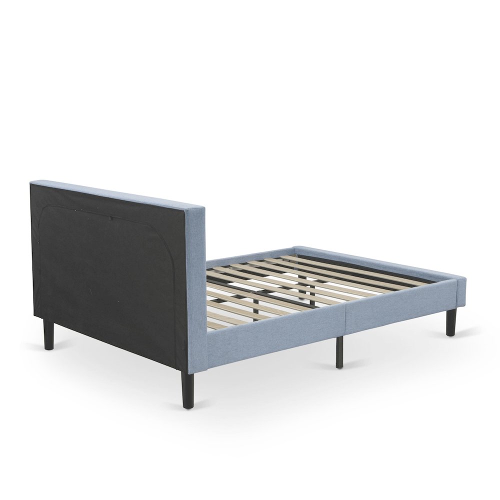 East West Furniture FNF-11-Q Platform Queen Size Bed - Denim Blue Linen Fabric Upholestered Bed Headboard with Button Tufted Trim Design - Black Legs