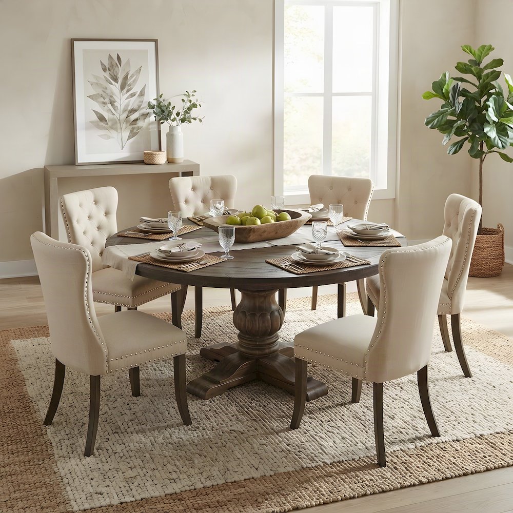 Polyester Solid Wood Round Kitchen Table and Chairs 7 Piece Set, Light Beige