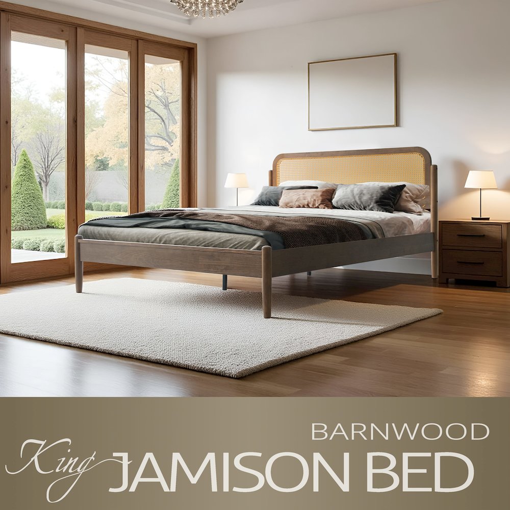 King Wooden Platform Bed Frame, Barnwood Finish, Traditional Style