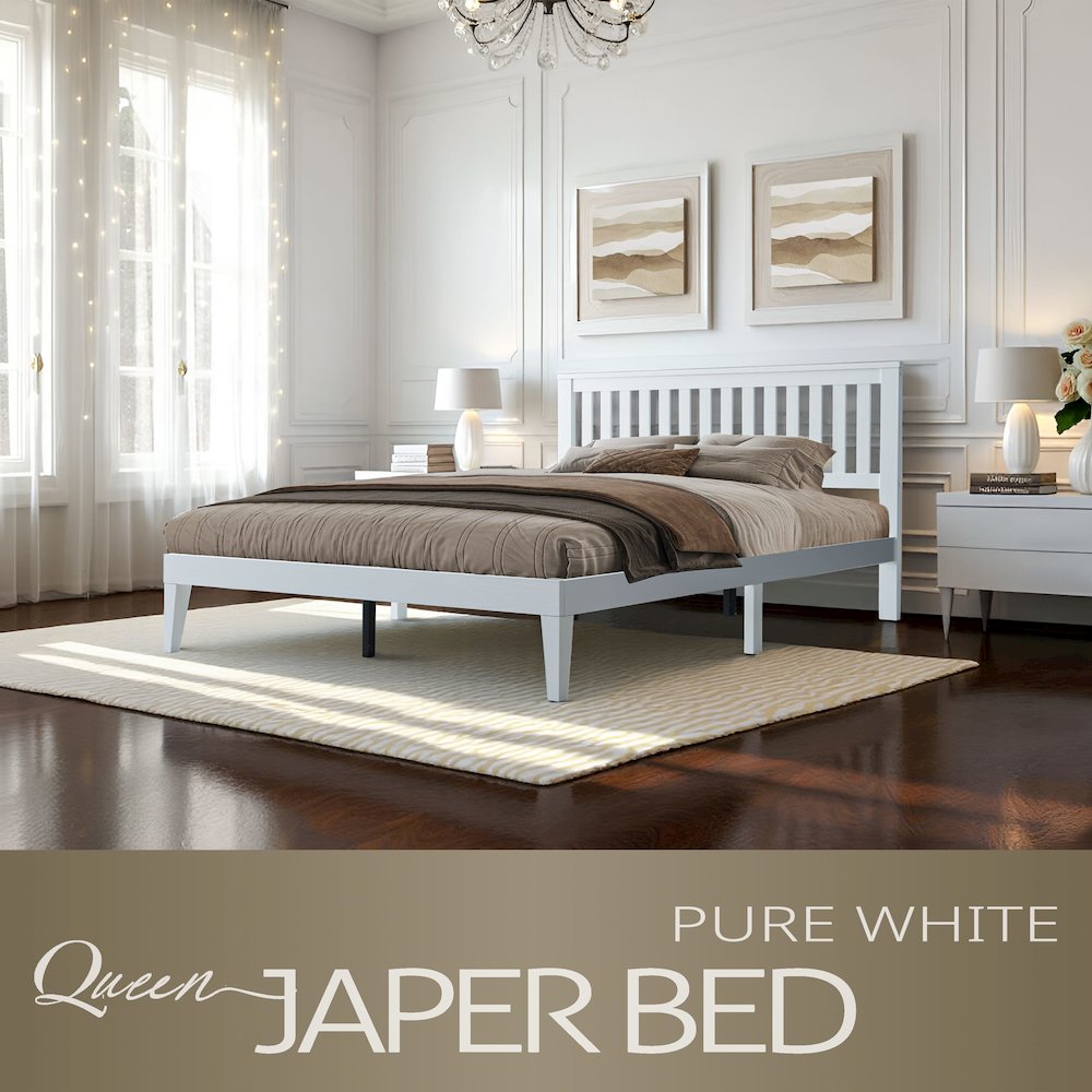 Queen Wooden Platform Bed Frame, Pure White Finish, Morden Style