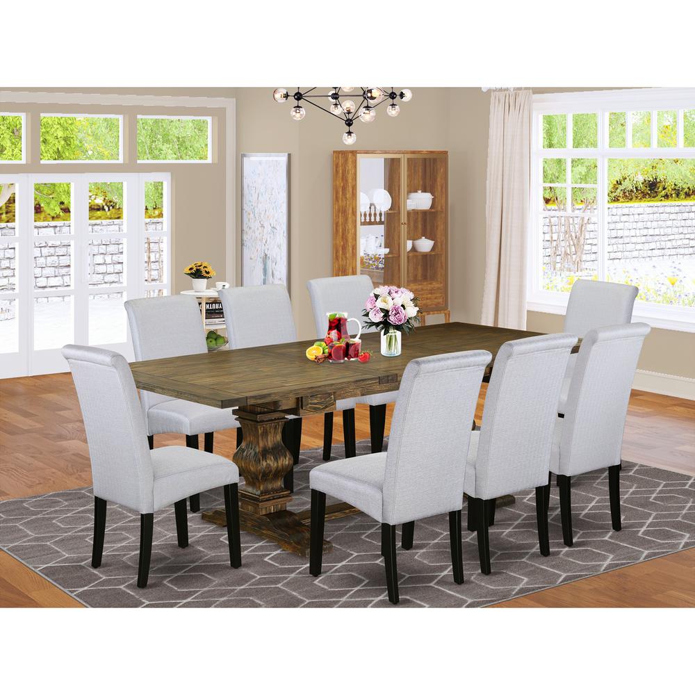 East West Furniture Lassale 9 Piece Set Includes a Rectangle Dining Room Table with Removable Leaf and 8 Grey Linen Fabric Upholstered Chairs, 42x92 Inch