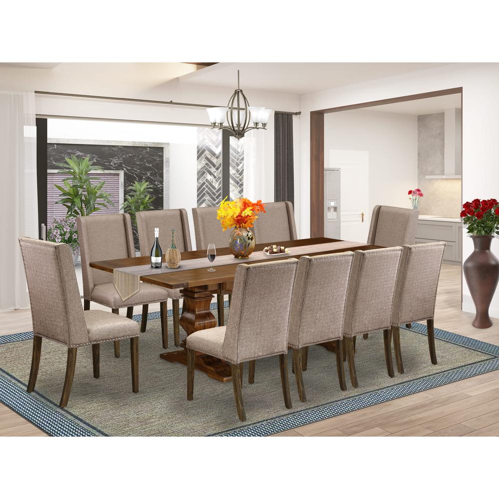 East West Furniture 11-Pieces Dining Room Set - A Butterfly Leaf Double Pedestal Kitchen Table and 10 Dark Khaki Linen Fabric Padded Chairs with Stylish High Back - Antique Walnut Finish