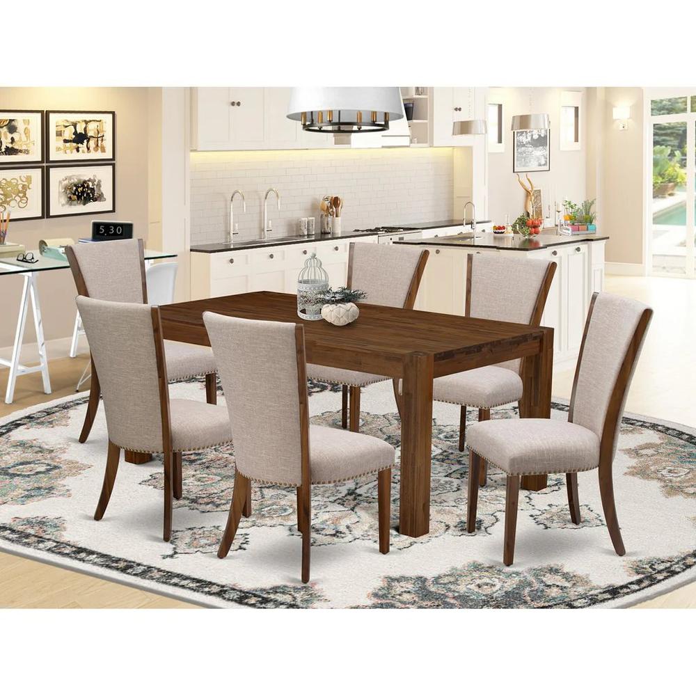 LMVE7-N8-04 - 7-Pc Kitchen Dining Set- 6 Padded Parson Chair and Modern Kitchen Table - Light Tan Linen Fabric Seat and High Chair Back (Antique Walnut Finish)
