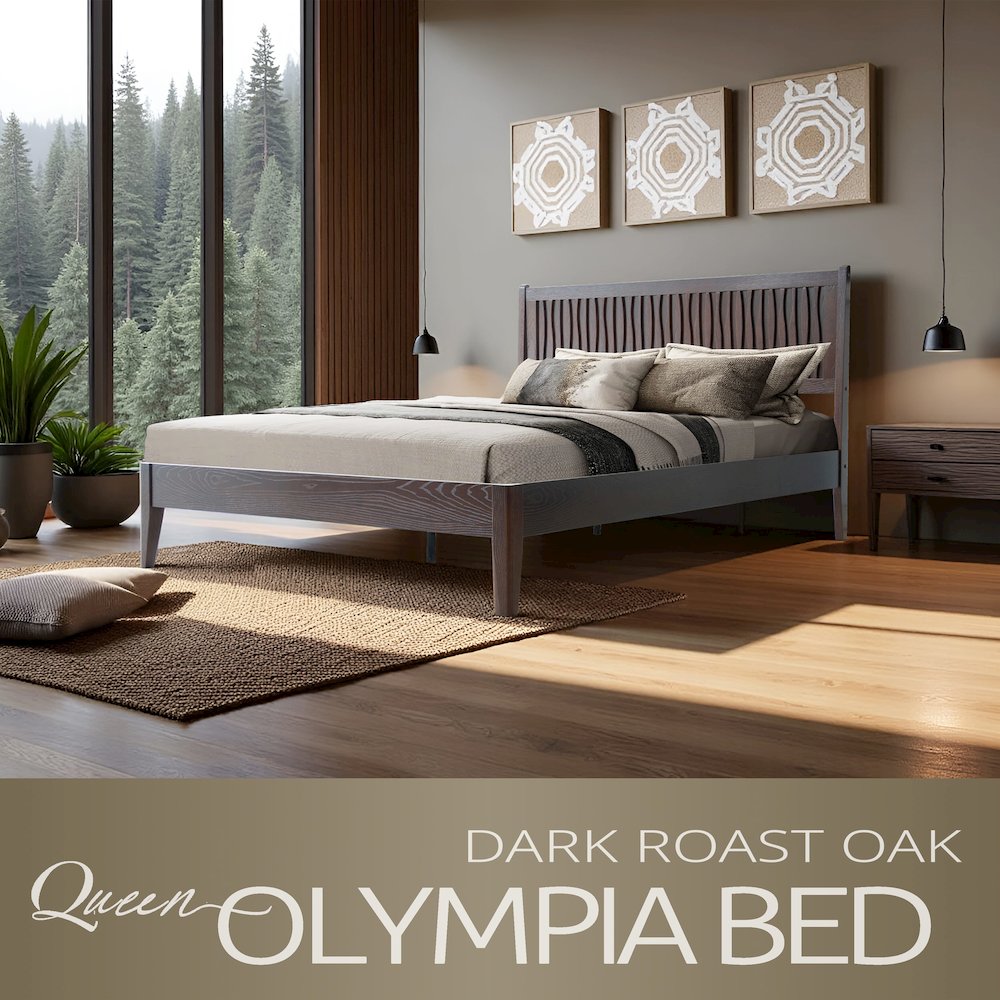 Queen Wooden Platform Bed Frame, Dark Roast Oak Finish, Morden Style