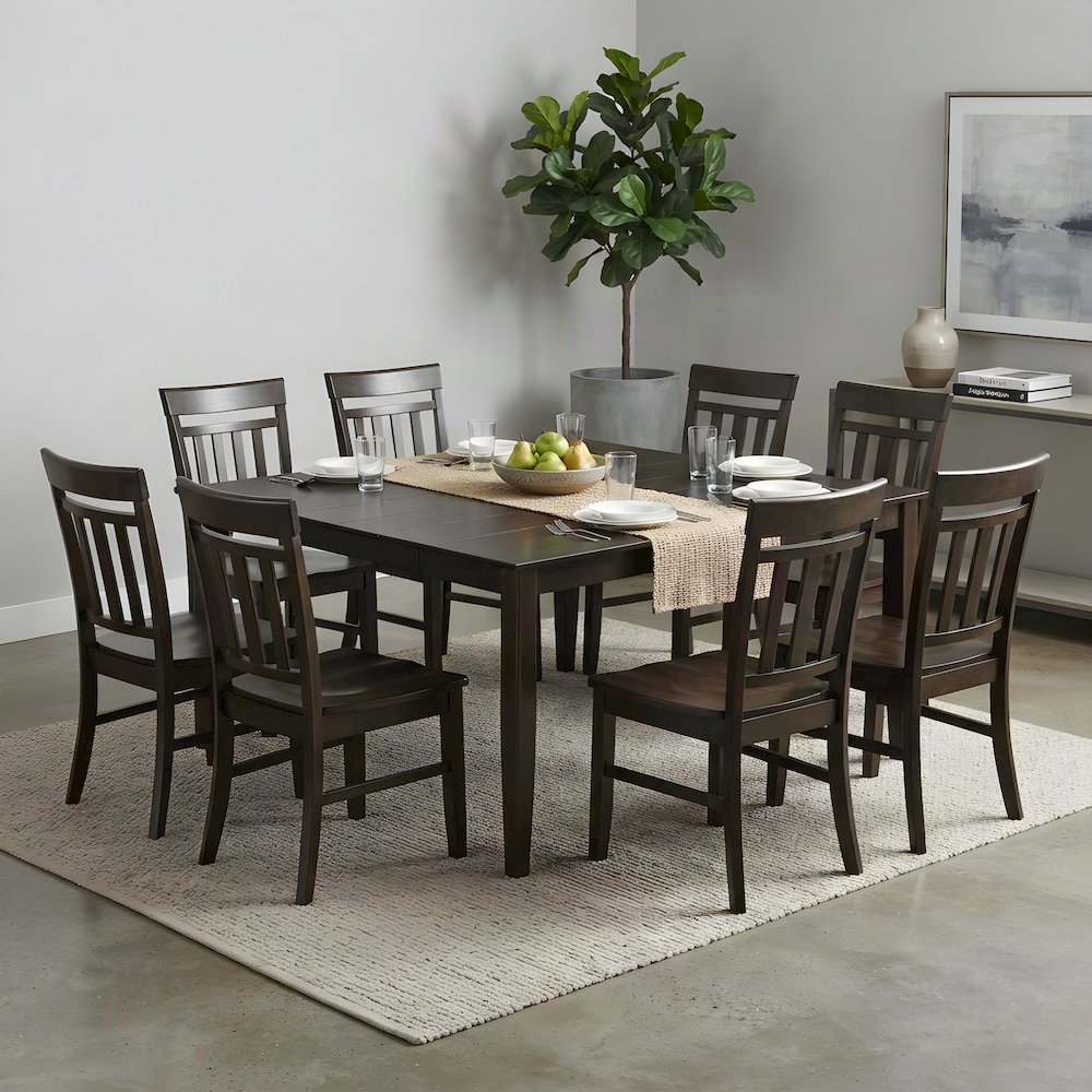 Wood Dining Table with Leaf and Slatted-Back Chairs 9 Piece Set, Cappuccino