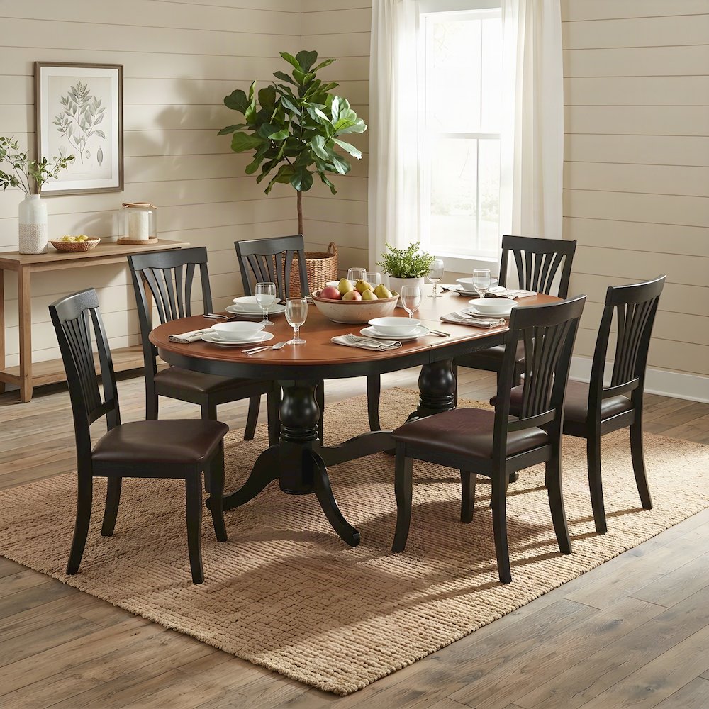 Oval Solid Wood Dining Table Set for 6 with Faux Leather Chairs 7 Piece Set