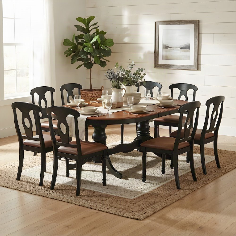 Solid Wood Oval Dining Table with Faux Leather Chairs 9 Piece Set