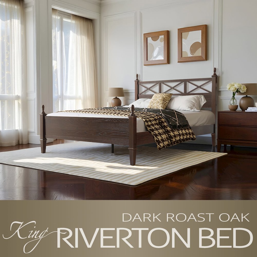 King Wooden Platform Bed Frame, Dark Roast Oak Finish, Traditional Style