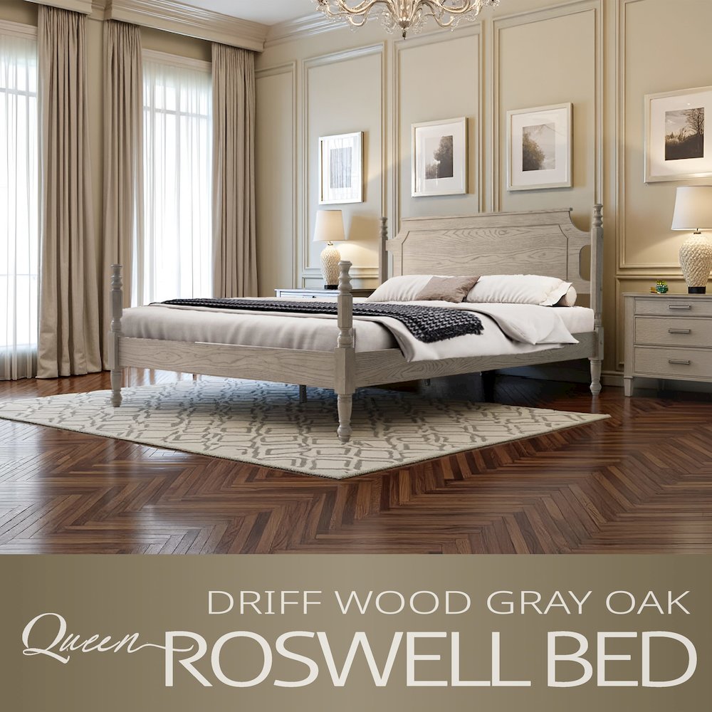 Queen Wooden Platform Bed Frame, Driftwood Gray Oak Finish, Traditional Style